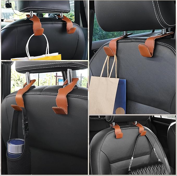 LivTee Brown Superior Leather Car Seat Back Headrest Hook, Auto Seat Hook Hangers Interior Accessories for Purse Coats Umbrellas Grocery Bags Handbag, 2-Pack