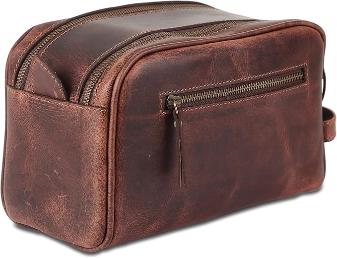 KomalC Travel Toiletry Bag – Premium Leather Dopp Kit for Men & Women with Water-Resistant Lining & Spacious Zippered Organizer