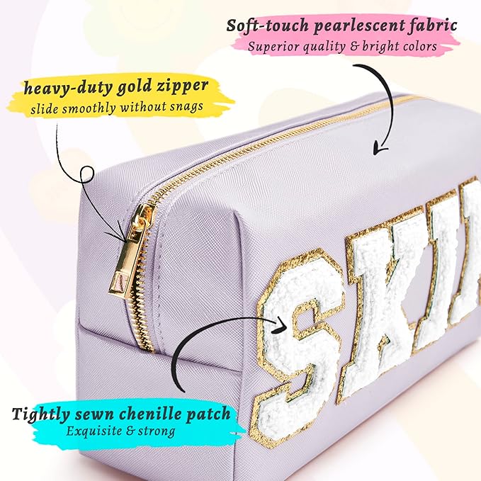 Preppy Patch Skin Makeup Bag for Travel, 2 PCS Chenille Letter Cosmetic Sunscreen Bag, PU Waterproof Beach Bag Pouch Organizer,Gift for Women Girls