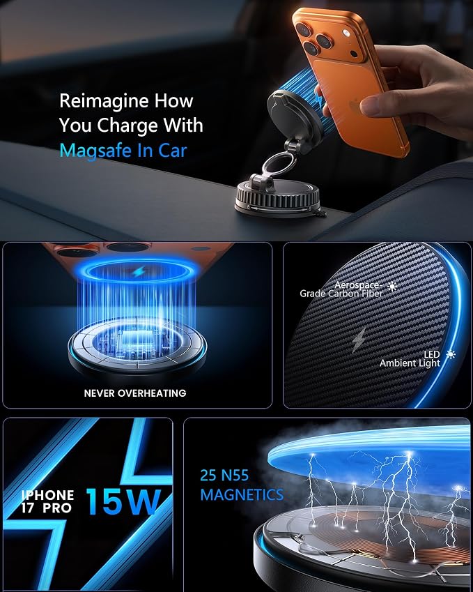 MagSafe Car Mount Charger 15W, Magnetic Wireless Car Charger [89+LBS Strong Suction, 2800gf Strong Magnetic] Car Phone Holder, Phone Holders for Your Car Accessories for iPhone 17-12, Samsung, Gifts