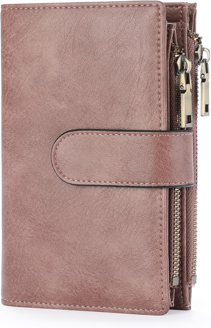 GOIACII Womens Wallets RFID Blocking Leather Trifold Clutch Wallet Credit Card Holder Ladies Purse 3 ID Windows Pink