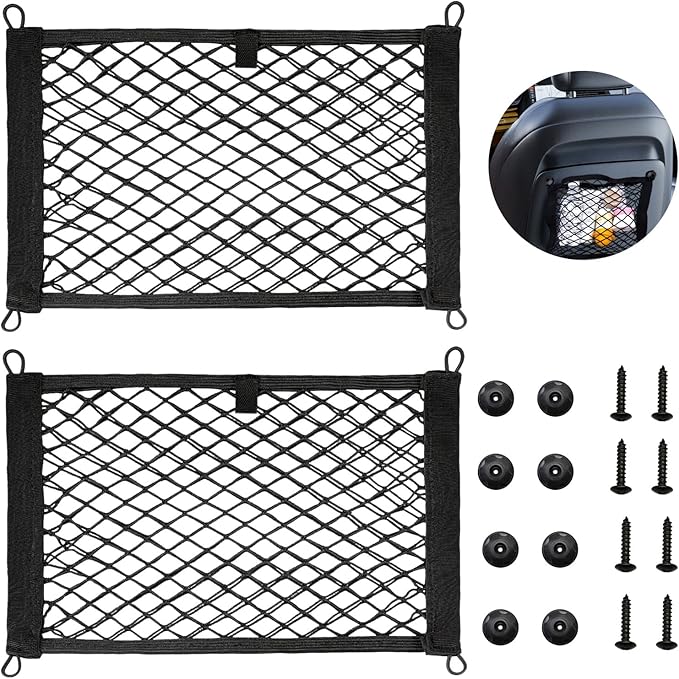 2 Pcs Small Cargo Net - Car Storage Organizer with Elastic Pocket - Trunk/Boat/Home Storage Mesh w/Screws/Hooks