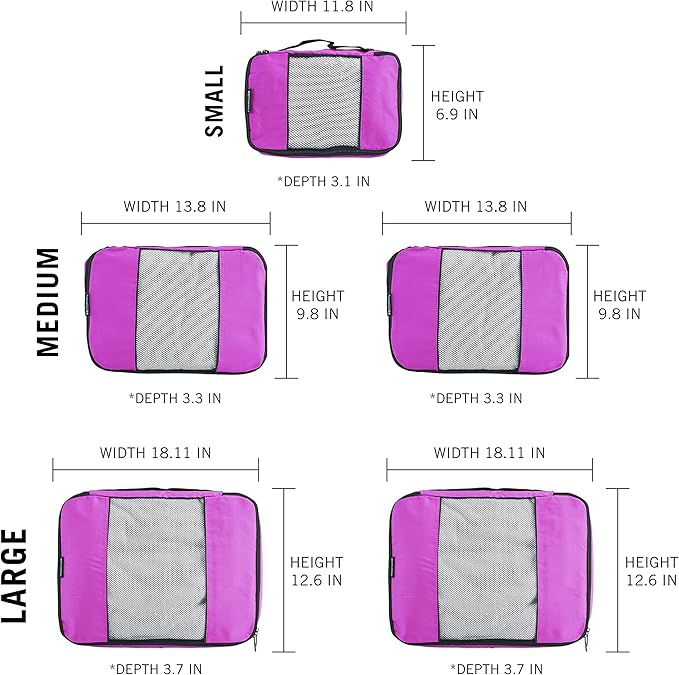 TravelWise Luggage Packing Organization Cubes 5 Pack, Pink, 2 Small, 2 Medium, 1 Large