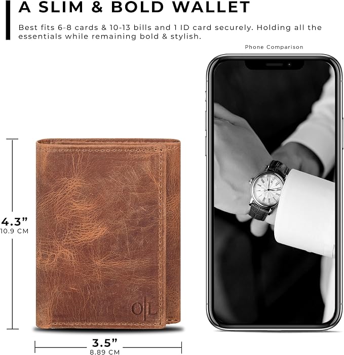 Tri fold Leather Wallet for Men with RFID | Slim Wallets for Men with 1 ID and 6 Credit card slots | Front Pocket Minimalist
