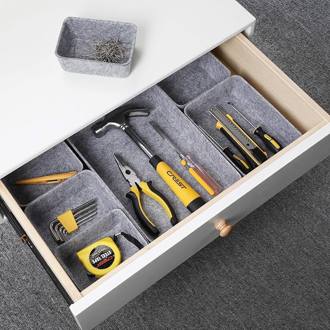 Welaxy Office drawer organizers trays felt storage bin organize dividers Box Dorm Home for stationery craft junk sorting 7-piece sleek minimalist lifestyle (gray)