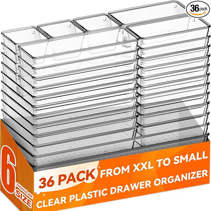 Criusia 36 Pack Large Clear Plastic Drawer Organizer Bins - 6 Size Acrylic Kitchen Drawer Organization and Storage for Utensils Gadgets, Office Bathroom and Vanity Organizer for Makeup Accessoires