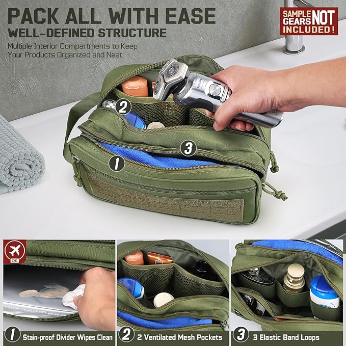 RXW EDC Toiletry Bag for Men, Tactical Dopp Kit, Molle Pouches Compact Travel Organizer for Shaving Shower, Hygiene, Grooming (Includes Dry/Wet Compartment & US Flag Patch)