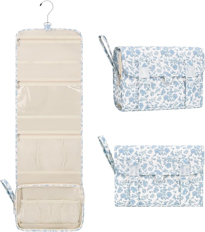 Hanging Toiletry Bag, Travel Toiletries Bag with Hanging Hook, Water Resistant Makeup Cosmetic Organizer for Full Sized Container, Shampoo, Portable Wash Bag for Travel Size Essentials - Blue Flower
