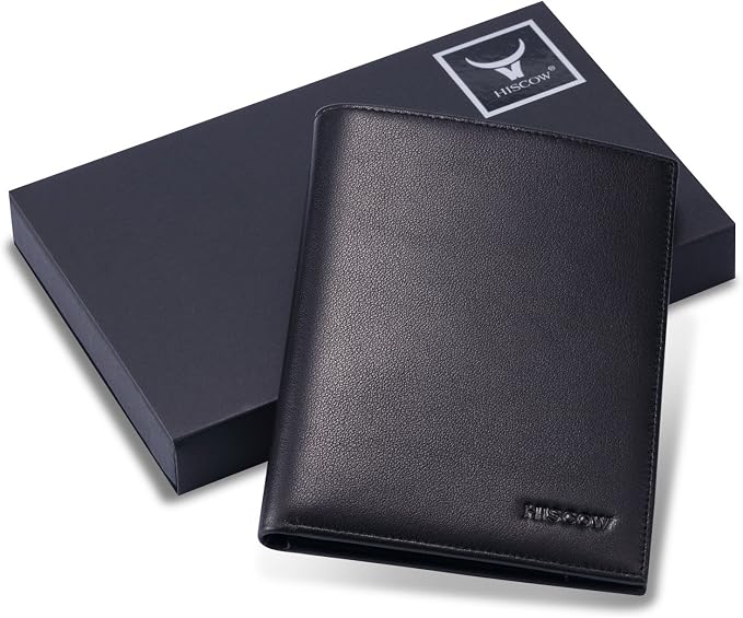 HISCOW Leather Passport Holder for Travel, Bifold Wallet, Black | Full grain cowhide, RFID blocking, 7 card slots, cash compartment, frosted ID window, travel essentials, premium gift box