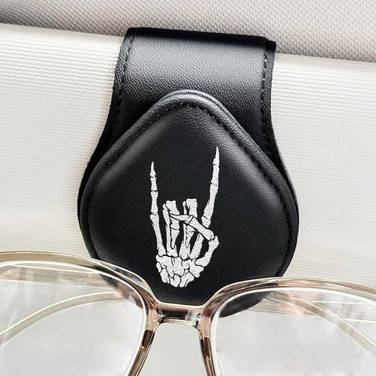 Bone Hand - Car Sunglass Holder, Magnetic Leather Eyeglass Hanger Mount Clip Holder for Car Visor Accessories