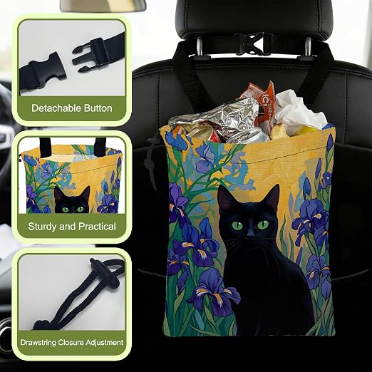 Car Garbage Bag Black Cat Purple Iris Floral Hanging Canvas Car Trash Bag Waterproof Drawstring Car Back Seat Organizer for Car Back Front Seat Console with Adjustable Buckle