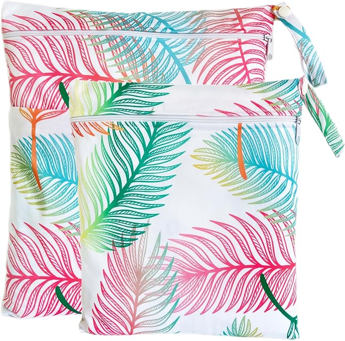 Wet Dry Bag for Cloth Diapers, 2PCS Waterproof Reusable Wet Bag with Zippered Pockets, Washable, Reusable for Travel, Beach, Pool, Stroller, Diapers, Dirty Gym Clothes, Swimsuits, 14x12In & 12x11In