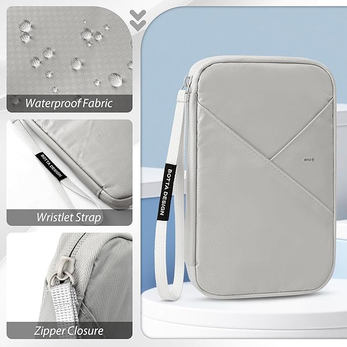 Veki Passport Holder for Travel Women Family, Passport Wallet Bag, RFID Travel Document Organizer, Waterproof Passport Holder for Men, Portable Case for Cards, Cash, Tickets, ID (Gray, L)