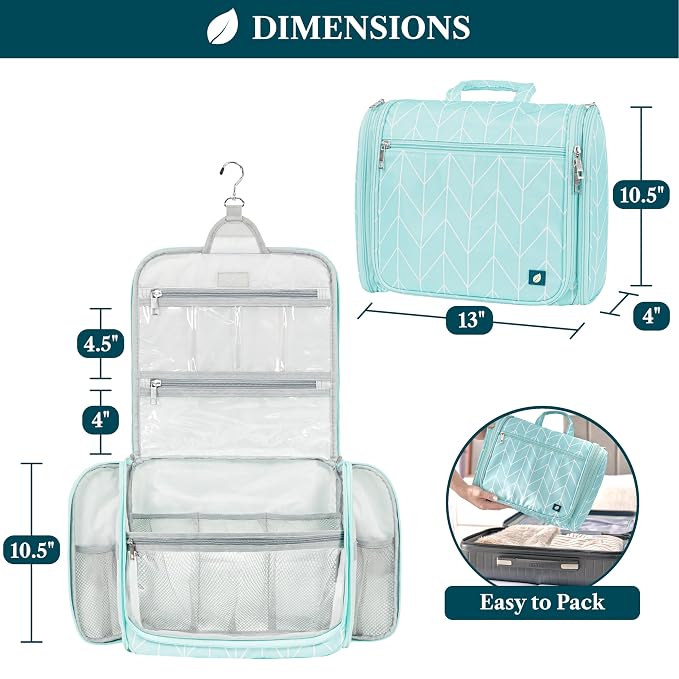 PAVILIA Large Hanging Makeup Bag and Toiletry Organizer for Women, Travel Cosmetic Case with 10 Compartments, Swivel Hook and 3 Leakproof Pockets, Packs Flat, Teal Chevron