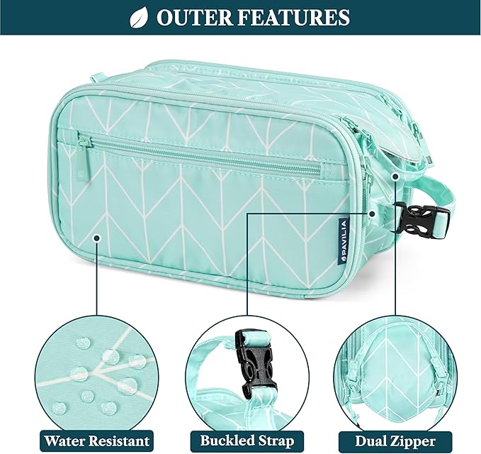 PAVILIA Toiletry Bag for Men Women, Hanging Travel Dopp Kit Organizer, PU Leather Water-Resistant Bathroom Bag for Shaving Grooming, Large Capacity Cosmetic Bag Travel Essentials, Teal Chevron