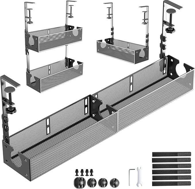Multi-Model Under Desk Cable Management 2 Pack Metal Under Desk Wire Management Tray Clamp Mount Under Table Cord Management No Damage The Desk