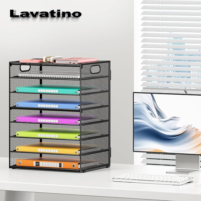 Lavatino 2 Pack 8-Tier Office Desk File Organizer, Letter Tray Paper Organizer with Handle, Including 5 Adjustable Slide Trays for Organizing Desktop Workspace Accessories and Supplies (Black Mesh)