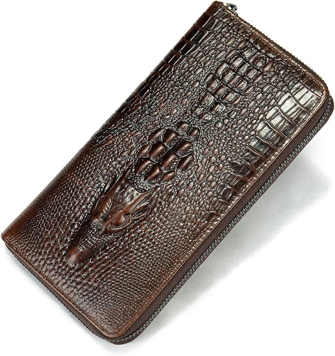 NIUCUNZH Genuine Leather Cool Long Wallets for Men Personalized Zip Around Wallet Checkbook Cash Credit Card Holder Wallet Coffee