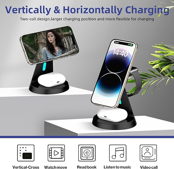 𝟐𝟎𝟐𝟔 𝐍𝐞𝐰 Magnetic Wireless Charger for Samsung & Apple Devices, 3 in 1 Charging Station Magnetic Charger Stand simultaneously Compatible with Samsung and Apple Series Black