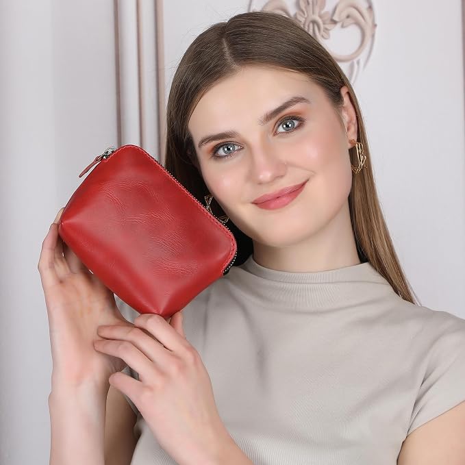 Full Grain Leather Cosmetic Bag – Zippered Makeup Pouch for Women, Small Travel Toiletry & Organizer Pouch for Purse, Premium Handmade Leather (5 × 4 × 2.5 in)
