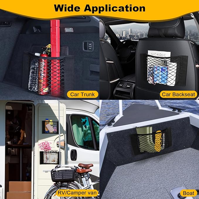 PIFOOG 4Pcs Car Net Pocket Elastic Small Mesh Cargo Storage Nets Bag Organizer Wall Sticker Pouch Netting Universal for Vehicle SUV Trunk Seat RV Camper