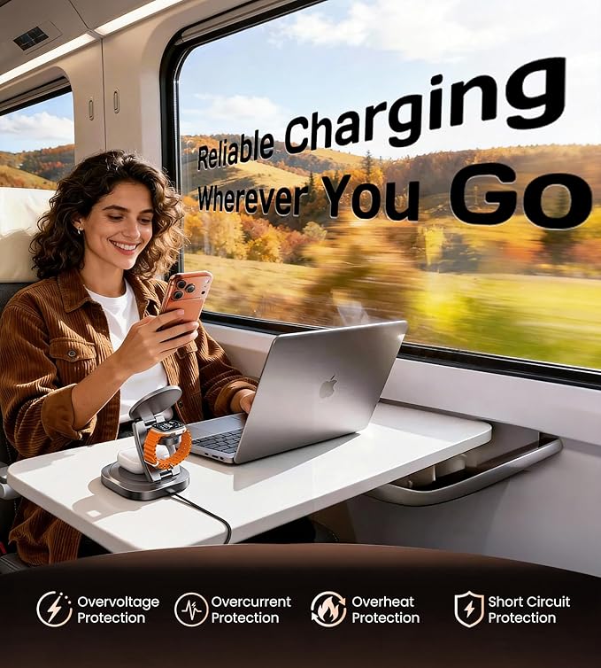 Qi2.2 25W 3-in-1 Wireless Charger for iPhone 17/16 Series, Foldable Wireless Charging Station Compatible with MagSafe, 360° Swivel Zinc Alloy Base for Apple Watch & AirPods (45W Adapter Included)
