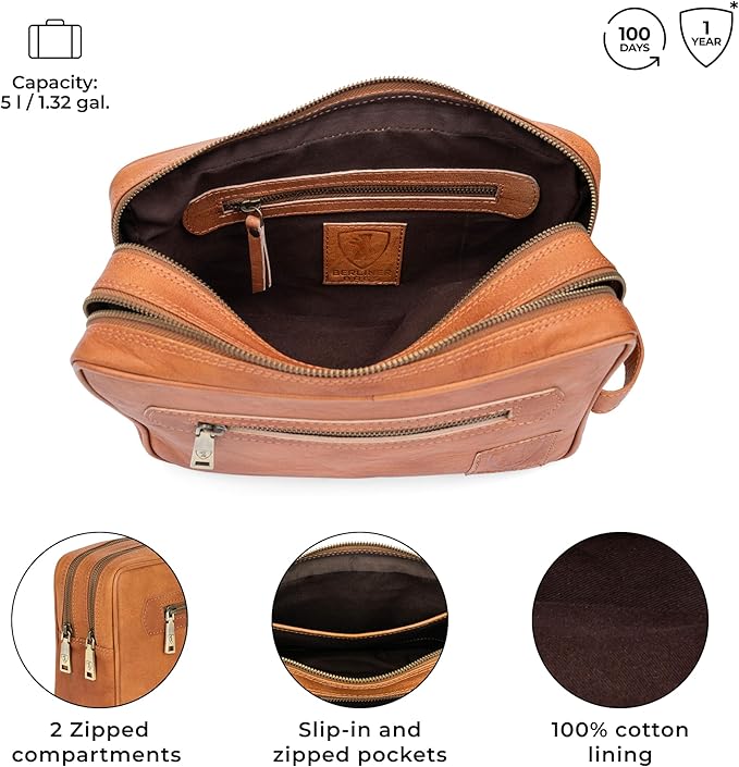 BERLINER BAGS Vintage Genuine Leather Toiletry Bag Paul, Two Zippered Compartments, Large Capacity Cosmetics Bag for Men and Women for Travel - Brown (2 Compartments)