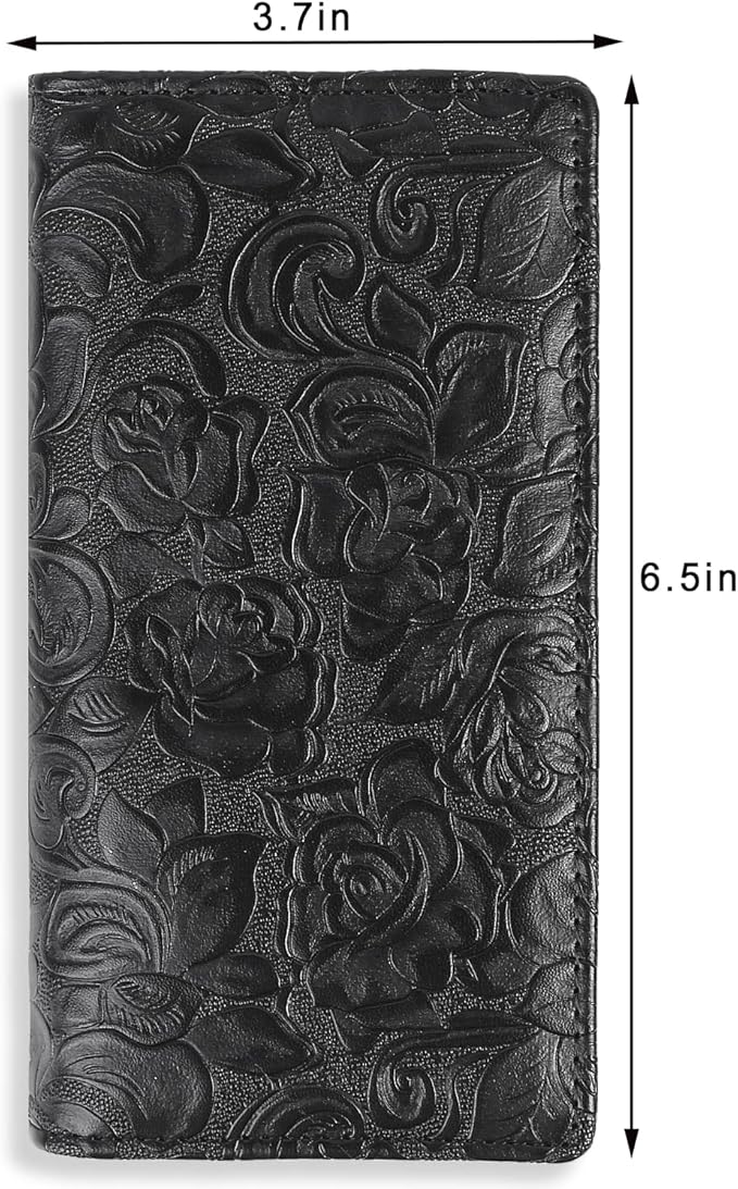 Sanlykate Leather Checkbook Cover for Men and Women, Check Book Case Card Holder with Free Divider, Standard Register Duplicate Checks with pen inserts, Black Flower
