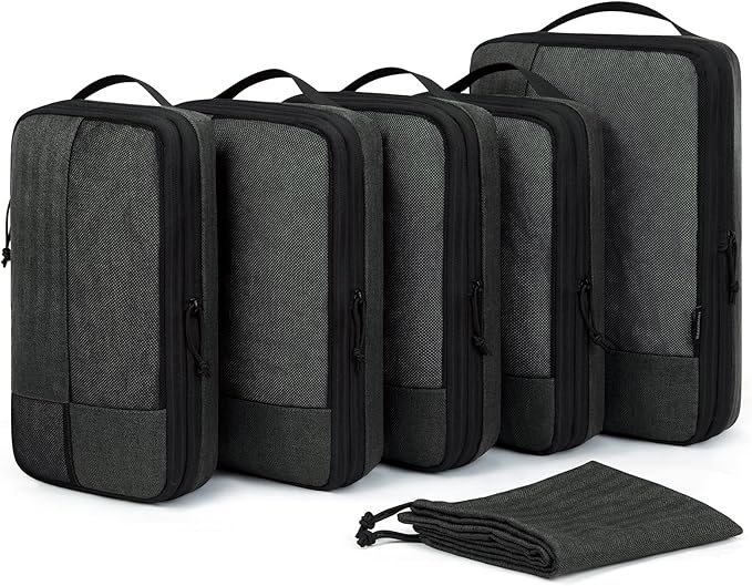 BAGSMART Compression Packing Cubes, Durable Travel Packing Cubes for Carry-On Suitcase, Lightweight Compressible Luggage Organizer Cruise Ship Travel Essentials, 6-Pack 1L+3M+1S+Shoe Bag, Black