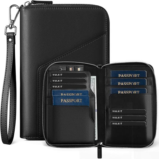 VULKIT Leather Passport Holder Family Travel Document Organizer with RFID Blocking Travel Wallet Slim Dual Slots SIM Card and Multiple Card Holders for Men and Women (Black)