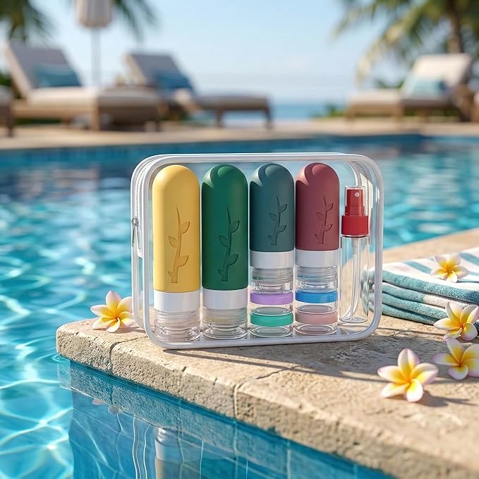 DEPOZA Travel Bottles Kit (16 Pack) - TSA Approved, Leak Proof Silicone Squeezable Containers for Toiletries. Complete Set with Jars, Sprayers & Bag (Wine Red)
