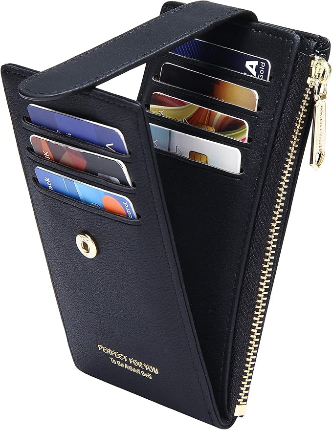 Badiya Slim Women Wallet RFID Blocking Bifold Compact 9 Card Slots Holder Wallets Soft Leather with Zipper Coin Pocket 2 ID Window