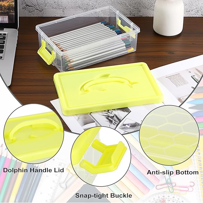 BTSKY 1-Pack Clear Plastic Storage Box with Lid, Stackable Organizer Featuring Easy-Lift Dolphin Design, Multi-Use Portable Container for Home, Craft, Office, Space-Saving with Secure-Clasp, Yellow