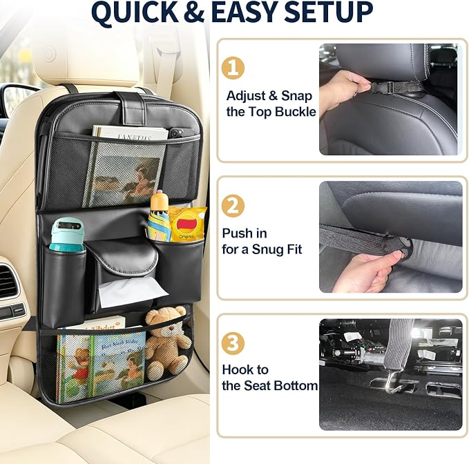1 Pack Backseat Car Organizer with Foldable Tray Table, PU Leather Seat Back Organizer with Tablet Holder, Large Storage Pockets, Waterproof Kick Mat & Seat Back Protector for Cars, SUVs & Minivans