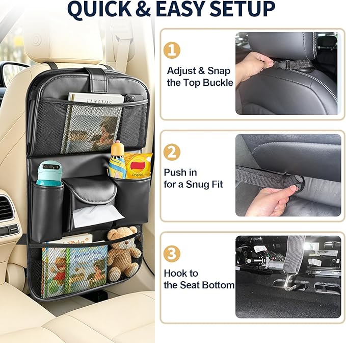 2 Pack Backseat Car Organizer with Foldable Tray Table, PU Leather Seat Back Organizer with Tablet Holder, Large Storage Pockets, Waterproof Kick Mat & Seat Back Protector for Cars, SUVs & Minivans