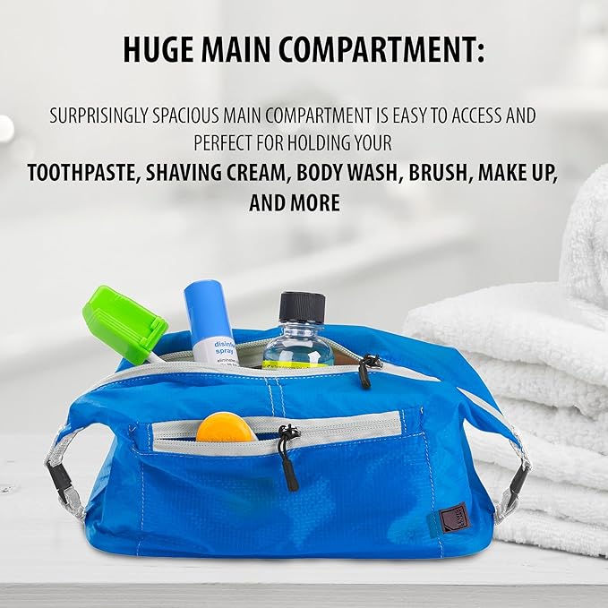 Lewis N Clark Electrolight Toiletry Kit for Travel, Gym, Bathroom, TSA Approved Waterproof Toiletry Bag with Hanging Straps and Non-Slip Bottom - Bright Blue
