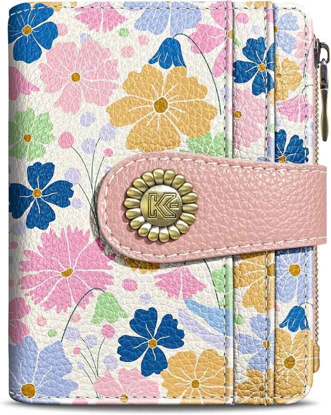 Kelvoris Pastel Art Flower Floral Small Rfid Women Wallet Bifold Zipper Coin Pocket PU Leather Compact Cash Credit Card Holder Travel Wallet for Female Ladies Teen Girls 1 ID Window 10 Card Slots
