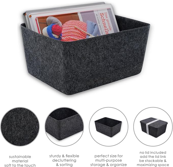 Welaxy Felt Storage Bin, Deep Wide Drawer Organizer Caddy for Makeup, Jewelry, Stationery, Closet & Bathroom, Minimalist Storage Box (Charcoal Bin, M)