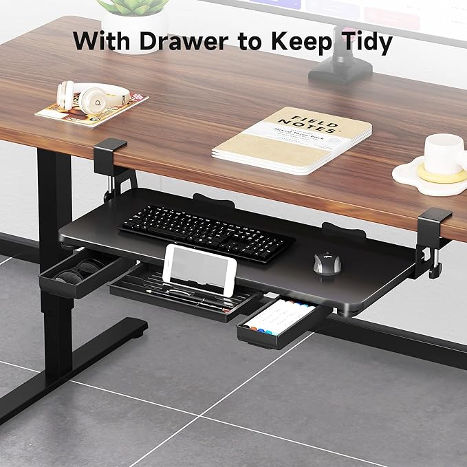 XINLEI Keyboard Tray Under Desk with Storage Drawer Large C-Clamp 26.7”(31” Including Clamps) x 11.8” Slide-Out Platform Computer Drawer Pull Out Keyboard & Mouse Tray DSF7CT