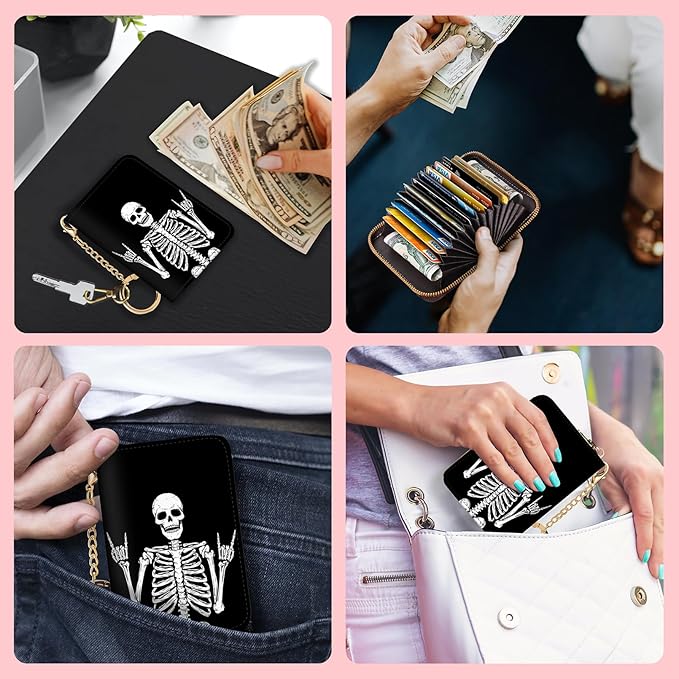Blusabaca RFID Credit Card Holder Wallets for Women, Small Card Case Wallet with Keychain and Zipper, Skull Skeleton Rock Funny Leather Card Holder Pocket Business Accordion Wallet