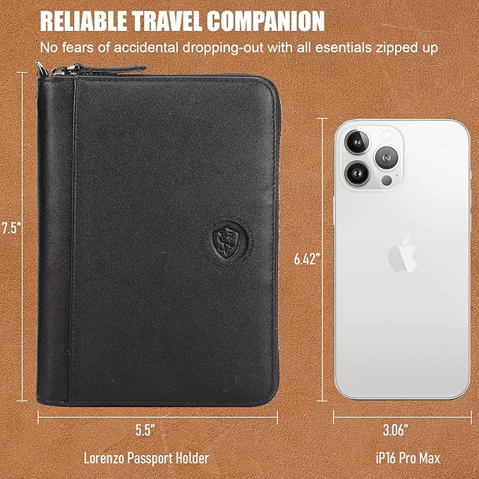 STAR VISTA Lorenzo Full Grain Leather Family Passport Wallet for 4, Large Travel Document Organizer for Exquisite Voyagers, Multi-Currency Compartments, RFID Blocking, AirTag Track, Black