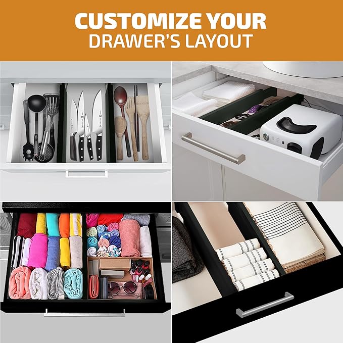 6 Pack Bamboo Drawer Dividers - 17" to 21.5" Expandable Adjustable Drawer Organizer for Kitchen Utensils, Large Drawer Divider, Clothes, Dresser, Bedroom, Bathroom, Desk Drawer Separator Set (Black)