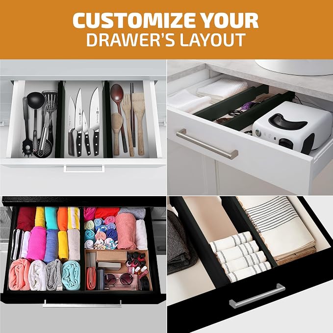 4-Pack Bamboo Drawer Dividers - 2.6 Inches High, Adjustable 16 to 22 Inches Expandable Drawer Organizers and Dresser Separators for Clothes, Utensils, Bedroom, Bathroom, Kitchen, Office, Black Wood