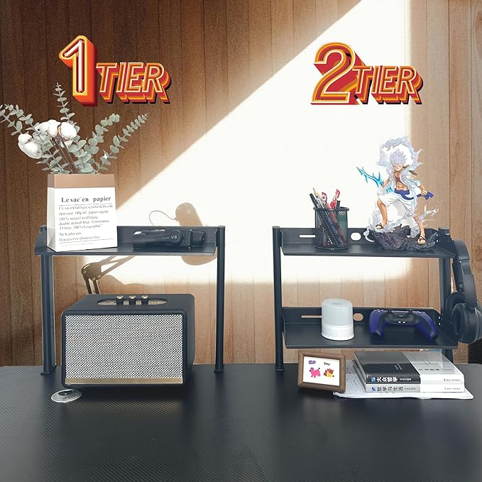 ShinJu Clamp on Desk Shelf for Top of Desk 2 Tier Above or Under Desk Storage Gaming Desk Organizers and Accessories Metal Storage Shelves for Office Standing Desk Accessories Under Desk Bookshelf