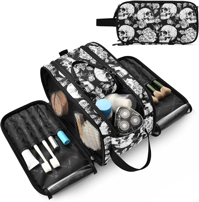 MNSRUU Large Capacity Makeup Bag, Gothic Skulls and Flowers Cosmetic Bag Portable Toiletries Pouch with Compartments Makeup Organizer Case for Travel Women