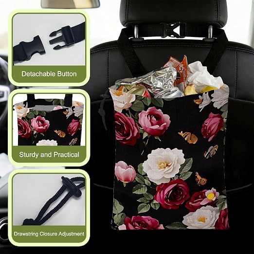 Car Garbage Bag Vintage Roses Floral Butterflies Hanging Canvas Car Trash Bag Waterproof Drawstring Car Back Seat Organizer for Car Back Front Seat Console with Adjustable Buckle