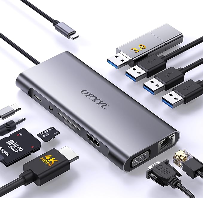11-in-1 USB C Hub Multiport Adapter, USB C Docking Station with 4K HDMI, VGA 1080P, 100W PD, Ethernet, SD/TF, Audio, USB 3.0 Port, Laptop Dock for MacBook Pro/Air, iPad, Windows