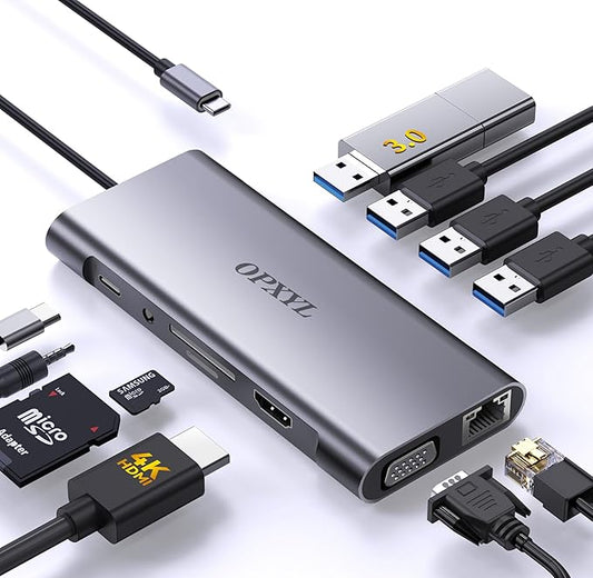 11-in-1 USB C Hub Multiport Adapter, USB C Docking Station with 4K HDMI, VGA 1080P, 100W PD, Ethernet, SD/TF, Audio, USB 3.0 Port, Laptop Dock for MacBook Pro/Air, iPad, Windows