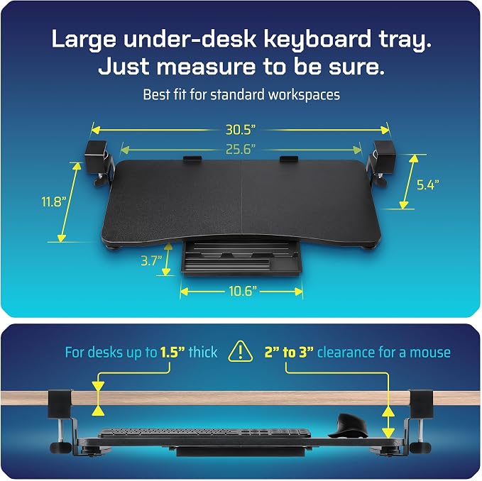 Keyboard Tray | Under Desk Keyboard Tray Slide Out w/Adjustable C-Clamps for Desks Up to 1.5-Inch-Thick | Clamp On Drawer with 1x USB-C to 4 USB-A Hub and 1x Five-Cable Management Organizer