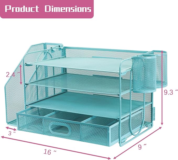 Desk Organizers and Accessories with File Holder, 4-Tier Paper Letter Tray Organiser with Drawer and 2 Pen Holder, Mesh Desktop Document Organizer for Office Supplies, Workspace - Blue